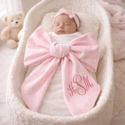 Personalized Embroidered Newborn Bow Sash, Bow Swaddle Girl, Custom Monogrammed Seersucker Bow, Sash For Baby Pictures, Birth Announcement
