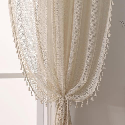 WAZZIO Boho Curtains for Living Room Lace Curtains 84 Inches Long 2 Panel, Rod Pocket Vintage Tassel Bohemian Decor Geometry Striped Light Filtering Crochet Semi Sheer Curtain Drapes for Bedroom,Beige