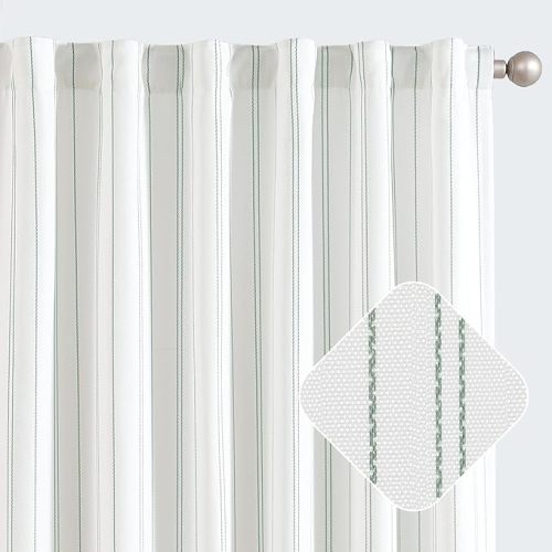 jinchan White Curtains Green Striped Curtains 90 Inch Length for Living Room Bedroom Window Treatment Modern Linen Look Ticking Stripe Pinstripe Privacy Light Filtering Back Tab Rod Pocket 2 Panels