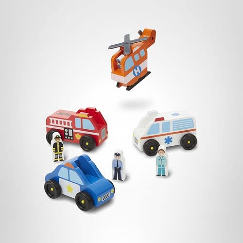 Melissa & Doug Emergency Vehicle Wooden Play Set with 4 Vehicles, 4 Play Figures