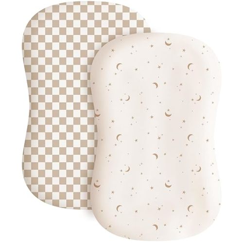 Konssy 2 Pack Baby Lounger Cover, Stretchy and Soft Newborn Lounger Cover, Infant Lounger Slipcover for Boys Girls, Covers Only (Coffee Check,Moon)