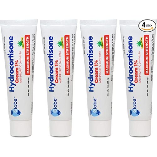 Globe Hydrocortisone Maximum Strength Cream 1% w/ Aloe, | Anti-Itch Cream for Redness, Swelling, Itching, Rash & Dermatitis, Bug/Mosquito Bites, Eczema, Hemorrhoids & More | (4-Pack)