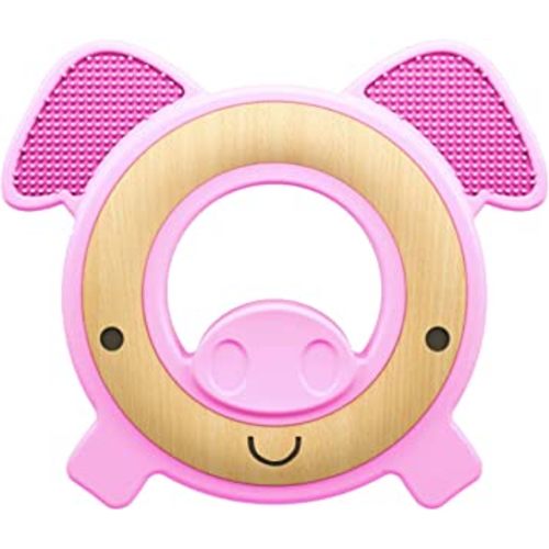 Nuby Natural Wood & Silicone Teether: Pig, 3M+, Pink