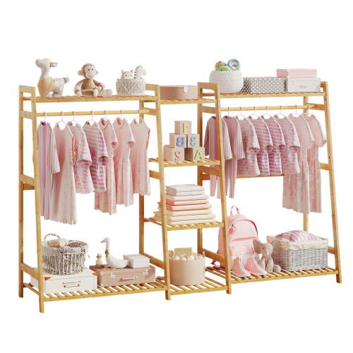 Bamboo Clothes Garment Rack, Kids Clothing Rack with Shelves for Kids Child Baby, Kids Dress Up Storage Rack with Top Shelf, Toddlers Wardrobe Closet for Nursery (Large Size)
