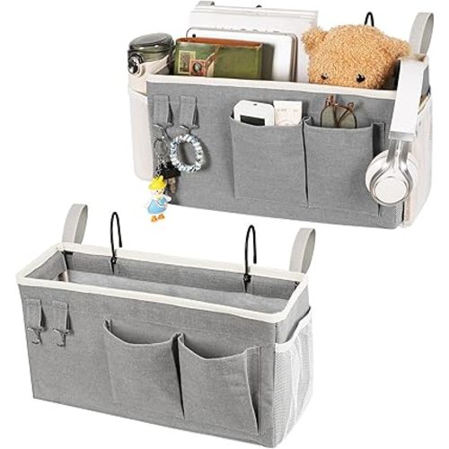 Loghot Bedside Caddy/Bedside Storage Bag Hanging Organizer for Bunk and Hospital Beds,Dorm Rooms Bed Rails,Can be Placed Glasses,Books,Mobile Phones,Keys (2pc Grey)