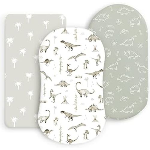 Ultra Soft Stretchy Jersey Knit Fitted Bassinet Sheets 3 Pack, Universal Fitted for Baby Cradle Moses Basket Oval Rectangle Mattress Safe and Snug, Bassinet Fitted Sheets for Boy, Dinosaur Print