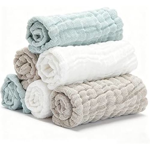 Organic Muslin Baby Washcloths 6 Pack Baby Bath Face Towel 12x12 Inch Extra Absorbent and Soft Burp Cloth and Wash Cloths for Newborn-Infants On Sensitive Skin (White Green Brown)