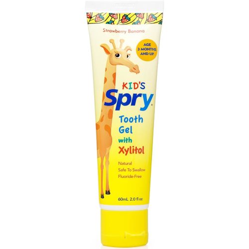 Spry Natural Xylitol Toothpaste for Baby, Toddler and Kids Age 3 Months and Up - Fluoride Free Tooth Gel, Tasty, Support Development of Emerging Teeth, Strawberry Banana 2 Fl Oz (Pack of 1)
