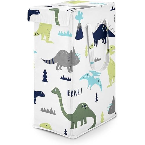Sweet Jojo Designs Blue Green Modern Dinosaur Boy Laundry Hamper Foldable Dirty Clothes Basket with Handles for Baby Nursery Kids Bedroom Teen Bathroom Dino Dinosaurs Prehistoric Boho Bohemian Volcano