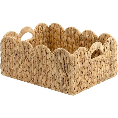 StorageWorks Scalloped Water Hyacinth Baskets, Hand-woven Rattan Baskets with Built-in Handles, Cute Baby Basket for Nursery, Basket for Organizing and Decor, 16½"L x 13"W x 7½"H
