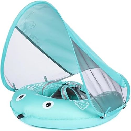 Mambobaby Float Self-Inflating Baby Pool Float Compressible Pool Swim Float Infant Soft Solid Swimming Trainer Baby Float with Removable UPF 50+ UV Sun Protection Canopy, Green