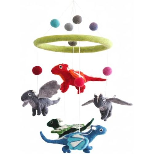 Handmade Felt Dragon Nursery Mobile, Dragon Crib Mobile for Boys & Girls, Boho Nursery Decor, Natural Wool Dragon Hanging Mobile, Unique Baby Shower Gift, Fair Trade & Handcrafted in Nepal