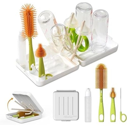 Travel Bottle Brush with Portable Bottle Drying Rack, Baby Bottle Brush for Baby Travel Essential, White