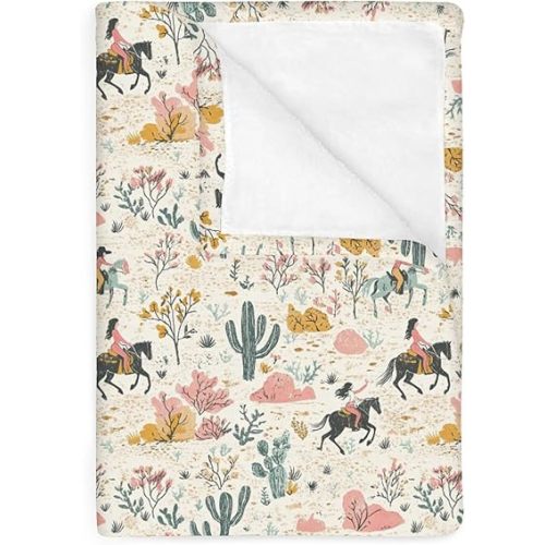 Vintage Western Cowgirl Baby Blankets for Boy Girl Retro Cowgirl Horse Cactus Soft Flannel Receiving Swaddle Blankets for Infant Toddler Crib Wild Desert Plant Nursery Bed Blanket 30x40inch