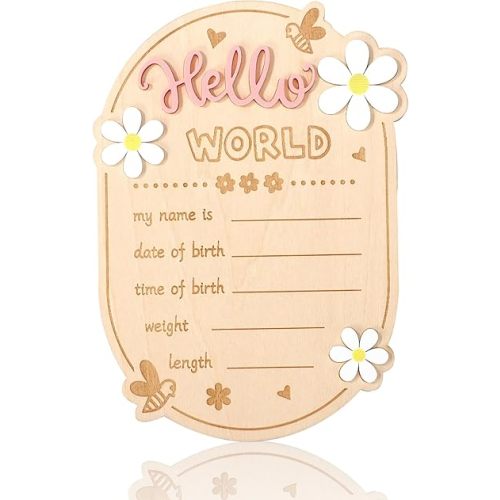 Wooden Baby Announcement Sign, Hello World Newborn Signs Bee Daisy Decors Welcome Baby Arrival Plaque for Hospital Nursery Home Decoration Gifts Boys Girls Photo Prop