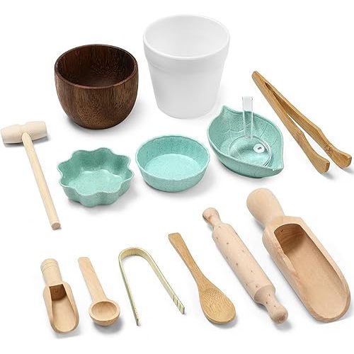 14pcs Sensory Bin Tool Sensory Tools for Boys and Girls Fine Motor Skill Toys Wooden Tong Spoons Bowls Plate Hammer Magnifying Glass and Rolling Pin for Transfer Work and Fine Motor Learning