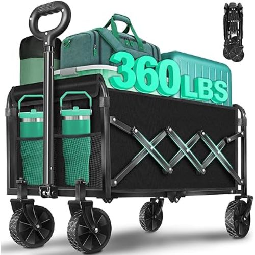 Collapsible Wagon Cart with Wheels Foldable, 360 lbs Heavy Duty Folding Utility Wagon - Portable All Terrain Grocery Cart for Groceries/Shopping/Outdoor/Camping/Fishing/Sports
