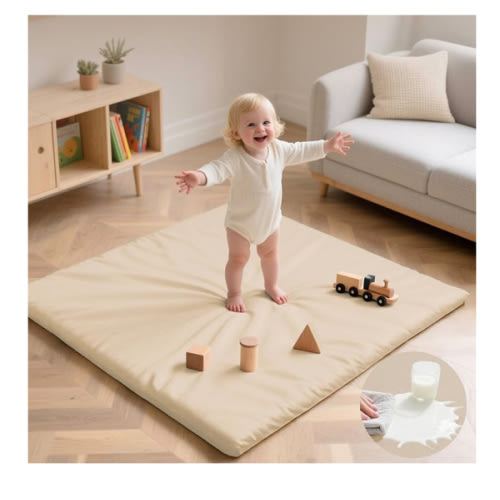 Baby Play Mat 50x50 Inches,1.3" Thick Padded Waterproof Floor Cushion & Playpen Mat with Vegan Leather,Non-Slip & Non-Toxic Nursery Rug for Infants, Toddlers & Kids(Beige)