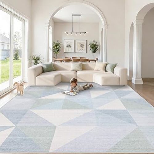Washable Rug 8x10 Area Rugs: Modern Geometric Area Rug for Living Room Non-Slip Neutral Soft Carpet Low Pile Stain Resistant Indoor Rugs for Bedroom Nursery Dining Room Office (Light Blue, 8'X10')