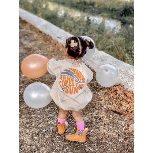 Beige Sun Romper, Here Comes The Sun Jumpsuit,Retro Romper, Unisex Kids Body %100 Organic Cotton Oversize Baby Romper, Long Sleeve Romper