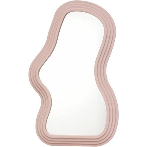 Mokoze Asymmetrical Wall-Mounted Mirror, Creative Unique Decorative Mirrors, Funky Wavy Mirror 15.94"x10.24" Irregular Border Pink Mirror for Bathroom Living Room Decoration