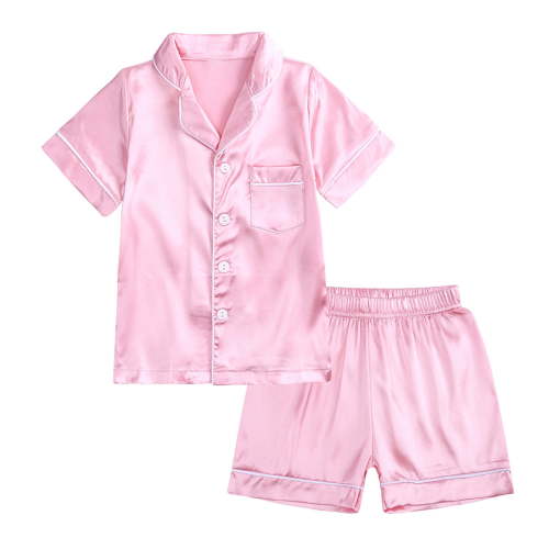 Odeerbi 6M-13Y Infant Boys Girls Silk Satin Pajama Set Cute Soft Pajamas Toddler Kids Solid Color Short Sleeve Sleep Suit Baby Clothes Pink