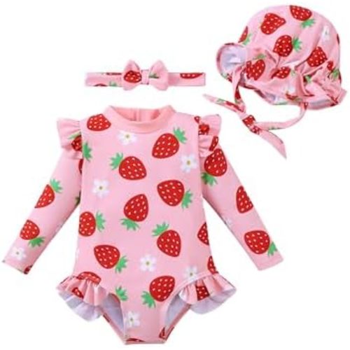 Renotemy Baby Girls Swimsuit Summer Infant Girl Bathing Suit Zipper Long Sleeve One-Piece Rash Guard Swimwear with Hat 3M-3Y