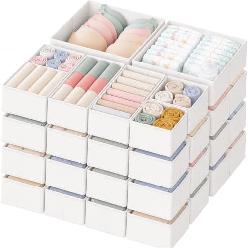 Criusia Drawer Organizer Clothes, 24 Pack Dresser Organizer for Baby Clothes, Underwear, Sock- Foldable Closet Organization and Storage Dividers Bins for Nursery, Bedroom and Dorm (White)