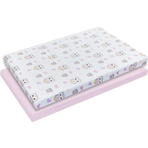 2 Pack n Play Mattress Sheets – 100% Percale Weave Cotton Soft Portable Crib Mattress Sheets for Girls with Owls/Hearts and Solid Pink Design; 2 Pc Playpen Mattress or Mini Crib Sheet Fitted Set