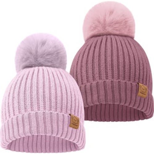 2-Pack Pom Knitted Beanie, Medium