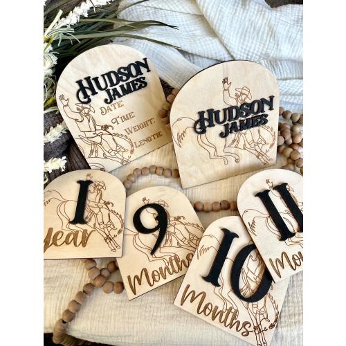 Western Baby Milestone Markers Set, Cowboy Monthly Milestones Photo Prop, Personalized Name Sign Birth Stats, Rustic Nursery Decor