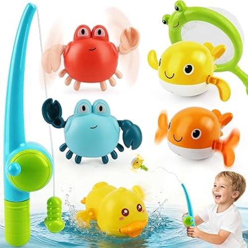 TOY Life Bath Toys for Kids Ages 1-3, Magnetic Fishing Game with Mold Free Wind Up Bath Toys for Toddlers 1-3 & Toy Fishing Pole & Fishing Net, Water Table Pool Fun Bathtub Toys for Baby Infant