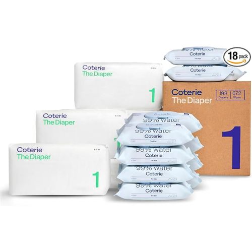 Coterie Baby Wipes + Diapers Kit, Size 1 Diapers (198 Count) & 12 Pack (672 Count) Baby Wipes with 99% Water, Plant Based Materials, Hypoallergenic for Sensitive Skin