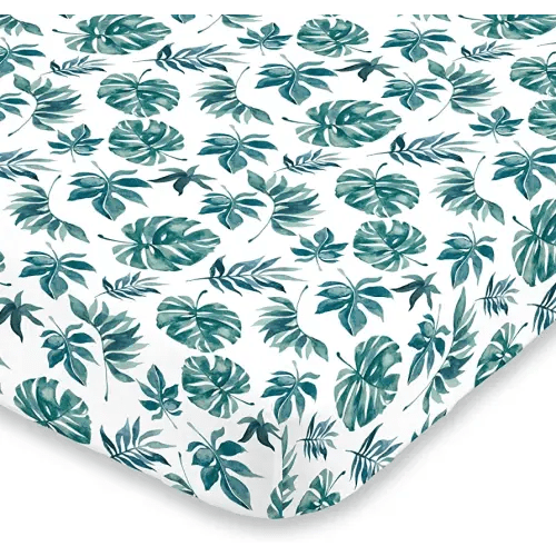 NoJo Super Soft Green & White Palm Leaf Nursery Mini Crib Fitted Sheet, Green, White
