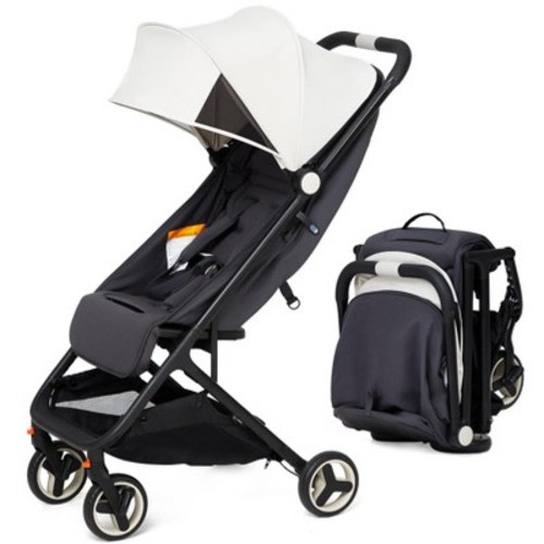 Lightweight Travel Stroller - Beige Foldable Compact Stroller with Reclining Seat & Canopy