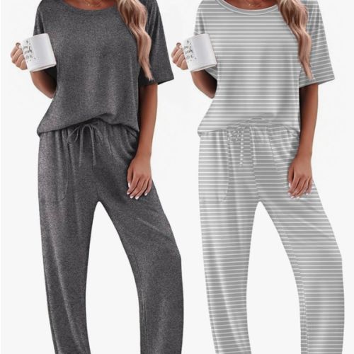 Ekouaer 2 Pack Womens Pajamas Sets Short Sleeve Long Pants Pjs Lounge Set
