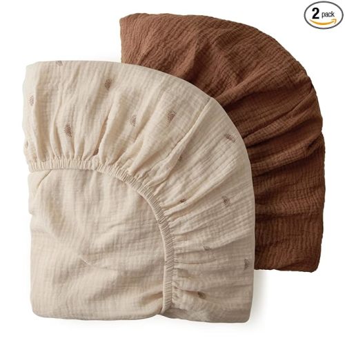 Blissful Diary Muslin Mini Crib Sheets, Pack and Play Mattress Sheets Fitted for Pack N Play, Soft Cotton for Boys Girls, 2 Pack(Sunshine&Brown)