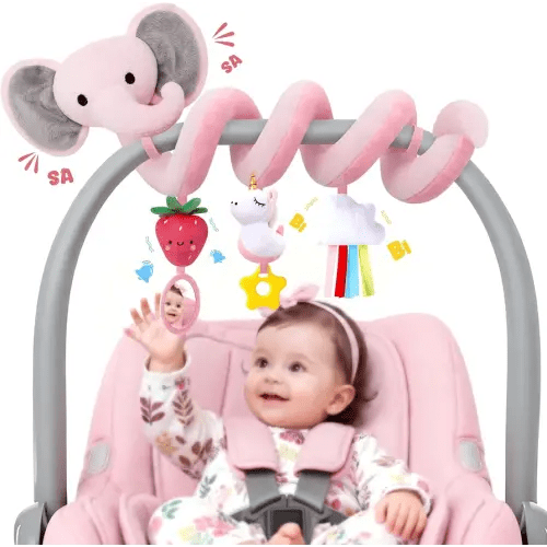 Spiral Car Seat Toys for Baby Girls 0-6 Months, Cute Pink Elephant Strawberry Stuff, Perfect Newborn Shower Gifts for Girls Essentials