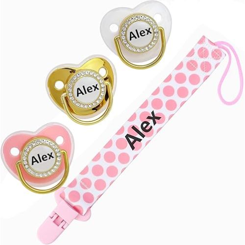 Personalized Pacifier Set with Name, BPA Free, Bling Gold Silver Pink Rose Gold Luxurious Ideal Gift for Newborns (Pink)