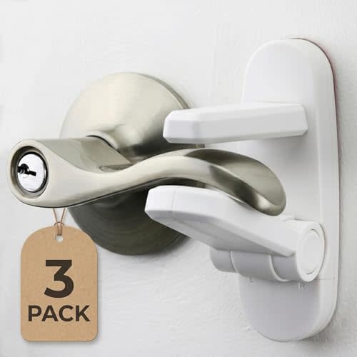 Door Lever Lock (3 Pack) Prevents Toddlers from Opening Doors. 3.25" L * 1.5" W * 4.5" H Easy One Hand Operation for Adults. Durable ABS with 3M Adhesive Backing. Simple Install, No Tools Needed.