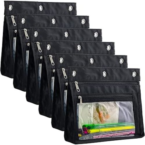 YoeeJob 6 Pack 1 Inch Expandable Zipper Pencil Pouches with Clear Window for 3 Ring Binder, Suitable for School & Office (6, Black)