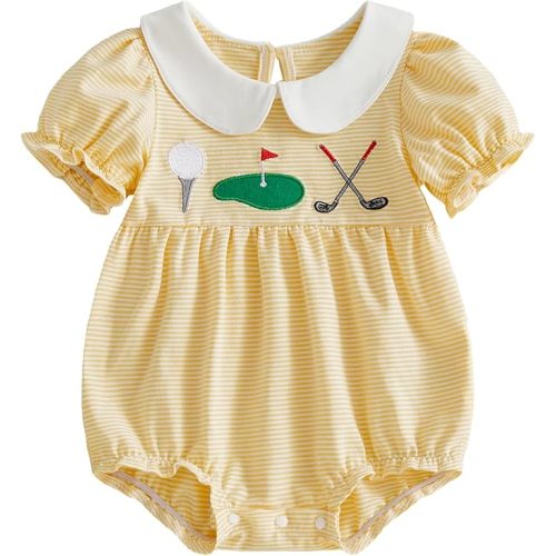 Newborn Baby Girl Clothes Soccer/Golf/Football Striped Puff Short Sleeve Jumpsuit Smocked Bubble Outfit