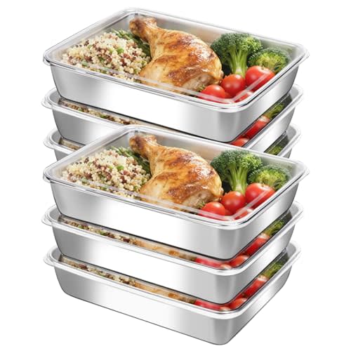 6-Pack Stainless Steel Food Storage Containers with ClearLids - Stackable Metal Meal Prep Boxes for Lunches, Leftovers & Kitchen Organization, BPA-Free & Dishwasher Safe（73oz/10X7.68X2.1）