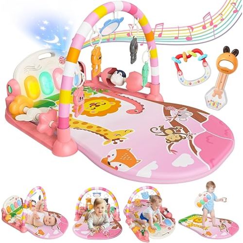 Baby Play Mat with Kick and Play Piano Gym, Funny Tummy Time Mat with Music and Lights, Baby Gyms & Playmats with 5 Infant Sensory Toys, Newborn Boy & Girl Gifts for 0 to 3 6 9 12 Months (Pink)