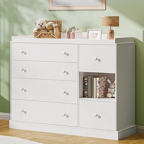 Halitaa Kids Dresser Cabinet with 6 Drawers, Changing Table for Nursery with Shelf, Multi-Functional Chest of Drawers, Kids Bedroom Furniture, Nightstand for Children's Room, White