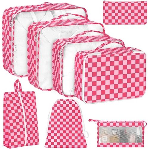KPX 8 Set Packing Cubes for Travel, Luggage Packing Organizers Accessories Large Toiletries Bag for Clothes Shoes Cosmetics (8Set-Rose Checkered)