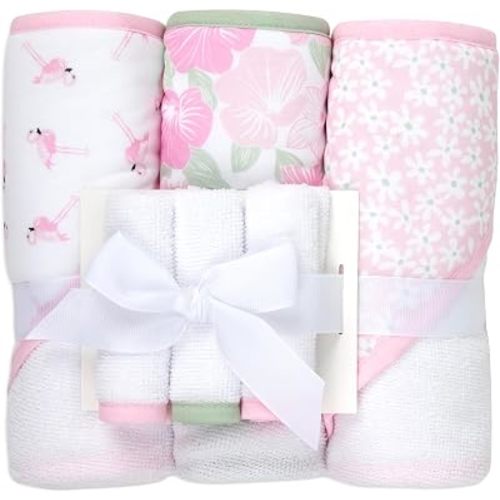 Jessica Simpson Baby 6-Piece Hooded Towel & Washcloth Set – Soft Polyester Baby Bath Towels – Butterfly & Lavender Floral Prints (Green Floral & Flamingo)