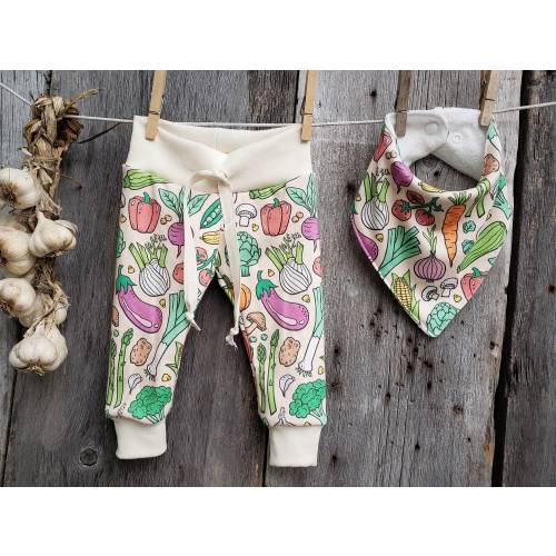 Organic Cotton Baby Clothes: Vegetable Print Pants, Gender Neutral leggings set