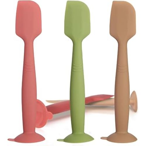 Baby Diaper Cream Spatula 3 Pack Butt Paste Spatula Soft Silicone Diaper Cream Applicator Butt Spatula Baby With Suction Cup Base (Red Green Khaki)