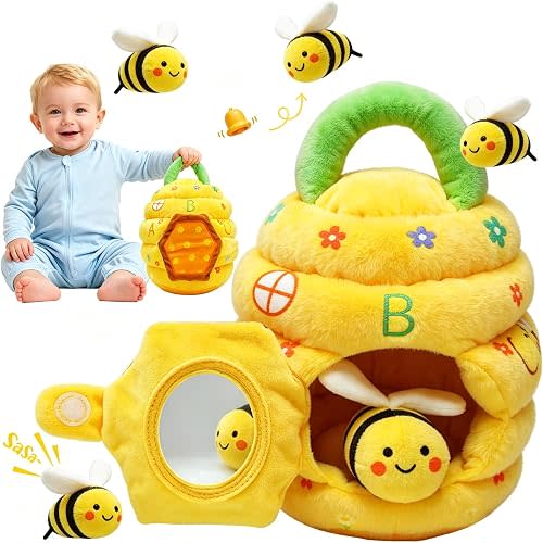 Baby Toys 6-12 Months, Beehive Montessori Toys for 1 Year Old with 5 Sensory Bees Stuffed Animals, Crinkle, Rattles, Squeaker, Jingle Bells, Mirror, Infant Toy Birthday Christmas Gift